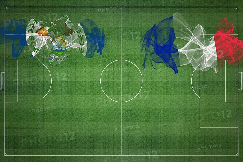 Belize vs France Soccer Match, national colors, national flags, soccer field, football game, Competition concept, Copy space
