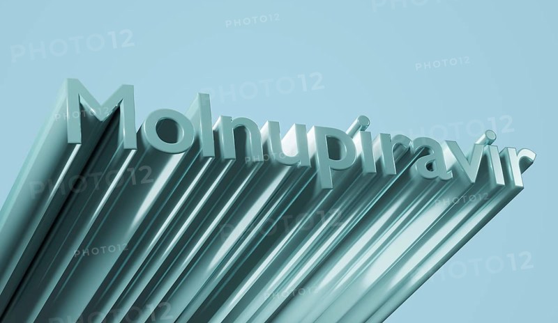 Poltava, Ukraine - 19 October 2021 Molnupiravir pills, treatment of covid. Coronavirus medication, 3d render.Blue text background. High quality 3d illustration