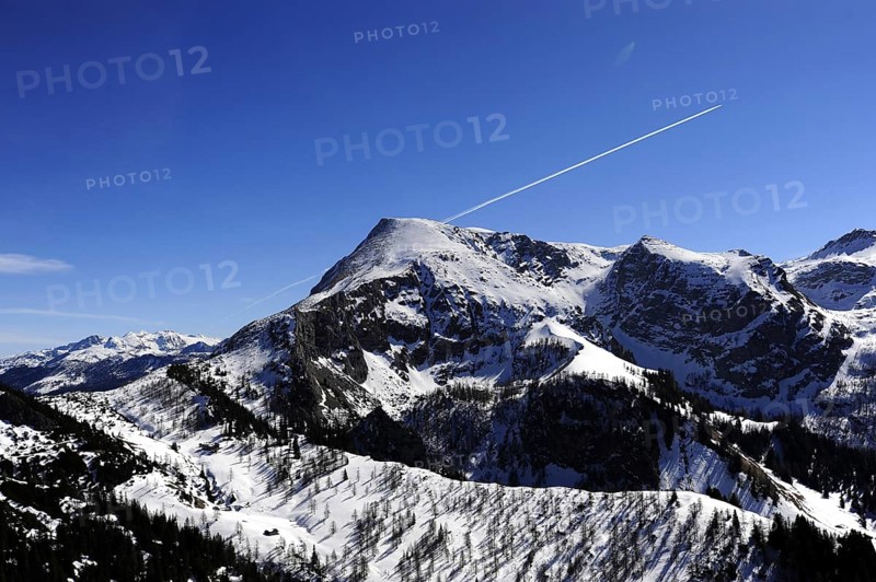 Stripes of condensation in the blue sky, on Jenner Mountain, Schönau am Königssee, Berchtesgaden nature park Park, Berchtesgaden Alps, Upper Bavaria, Bavaria, Germany, Europe