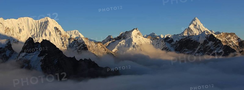 Snow covered peaks seen from Kala Patthar, Nepal, Asia