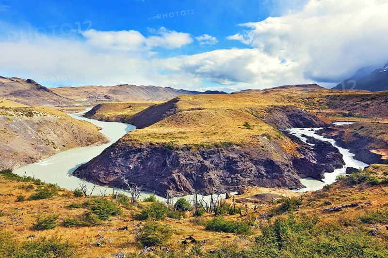 National Park Torres del Paine, Patagonia, Chile. The river bends between the hills, forming the Horseshoe Paine