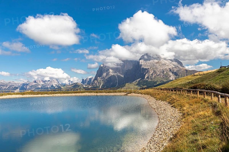 View over the Seiser Alm, Alpe di Siusi, to Langkofel and Plattkofel, South Tyrol