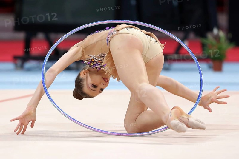 Sofia, Bulgaria - 1 April, 2018: Evita Griskenas USA performs with hoop during Rhythmic Gymnastics World Cup Sofia 2018. Individual tournament