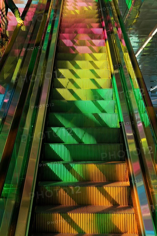 Colourful reflections on stairways, convention centre, Montreal, Province of Quebec, Canada, North America
