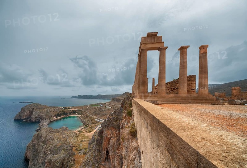 Picturesque view of Lindos St.Pauls Bay from Acropolis, Rhodes, Greece, Europe