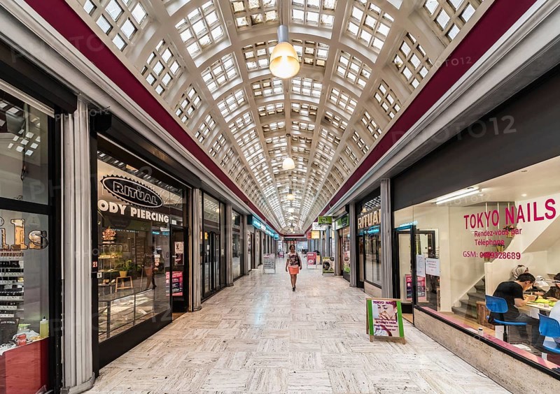 Brussels Old Town, Belgium, 07 18 2019- Interior arcades of the Galerie du centre, a vintage central Gallery, Europe