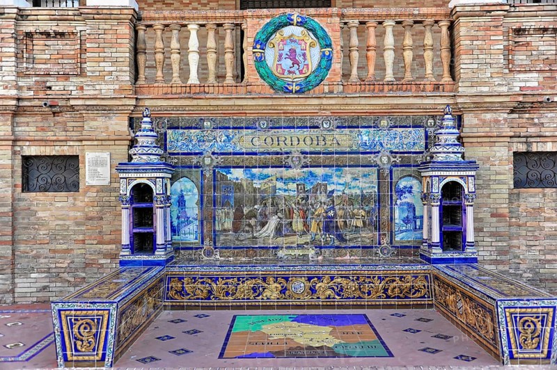 Plaza de España in Seville, Seville, Andalusia, Spain, Europe, An artistic ceramic tile mural with the name 'Cordoba', Europe