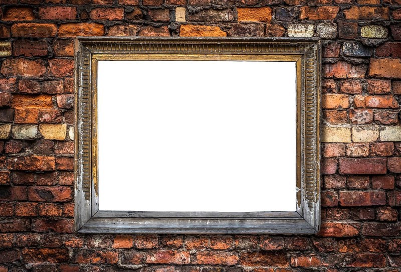 Vintage Retro Gold Ornate Art Frame On A Rstic Red Brick Wall Background With Isolated Blank Center