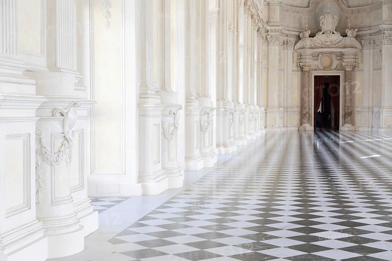 Reggia di Venaria Reale, Italy, October 2022: corridor perspective, luxury marble, gallery and windows, Royal palace, Europe