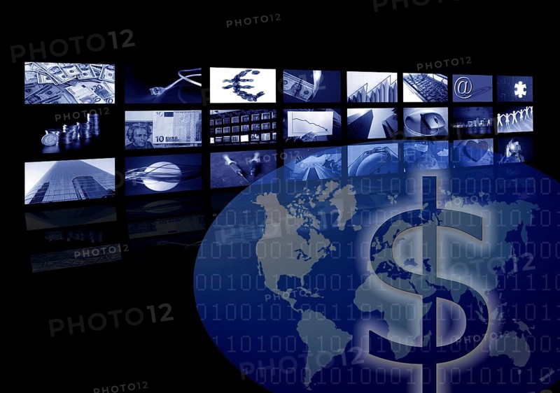 Business corporate, world map, multiple screen. Metaphor mixing photo and ilustration in blue color