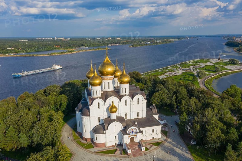 Aerial view of the Assumption Cathedral in Yaroslavl, park Strelka and Volga river
