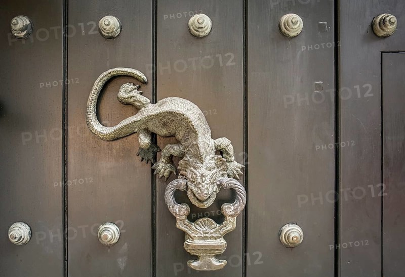 Close-up of traditional door knocker on wooden door in Cartagena, Colombia, South America