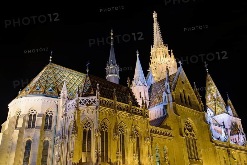 Night view of Matthias Church, a Catholic church located in the Holy Trinity Square, Buda's Castle District, Budapest, Hungary, Europe