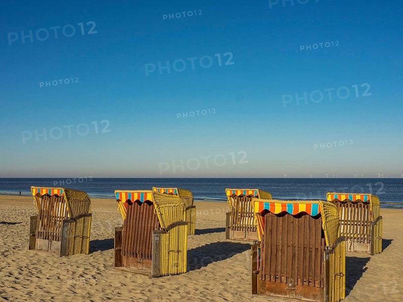 Several beach chairs stand on the sandy beach overlooking the calm sea on a clear, sunny day, egmond aan zee, the netherlands