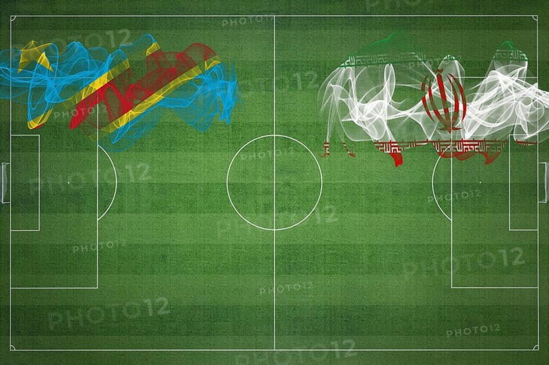 Democratic Republic of Congo vs Iran Soccer Match, national colors, national flags, soccer field, football game, Competition concept, Copy space