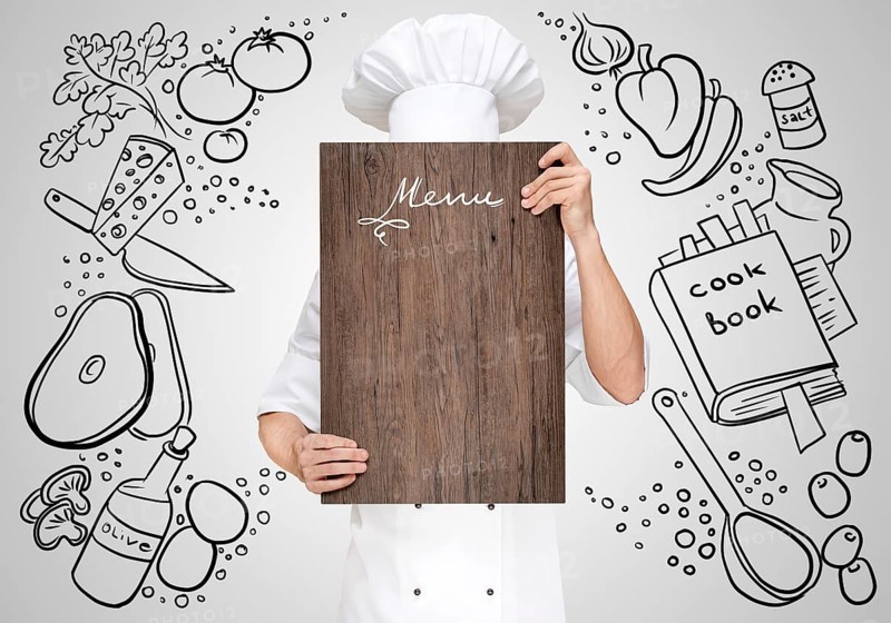 Restaurant Chef on a sketchy background hidden behind a wooden chopping board for a business lunch menu with prices