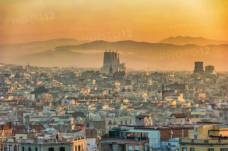 Barcelona Spain, aerial view sunrise city skyline at city center