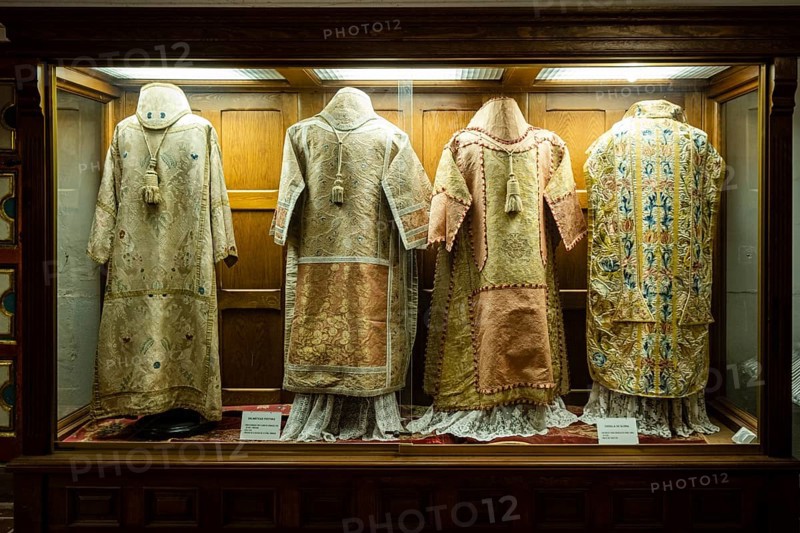 Dalmatics and chasubles, museum of religious art and paleontology, Church of San Bartolomé, Atienza, Guadalajara Province, Spain, Europe