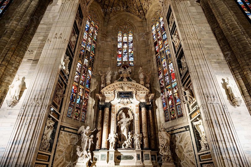 Stone altar of San Giovanni Bono Saint John the Good in the Duomo. Milan, Italy.