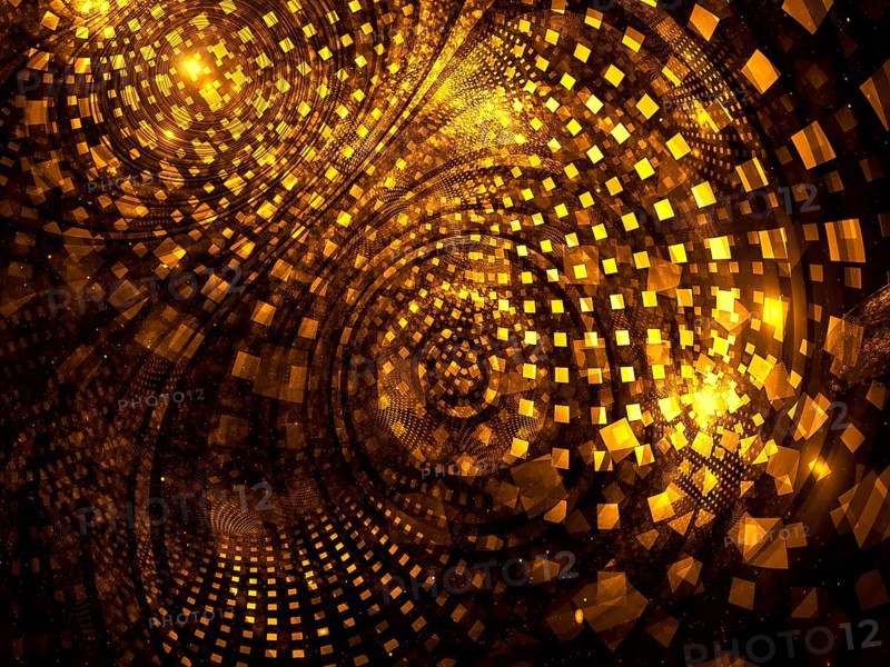 Golden fractal background or texture - mosaic with curved concentric circles and tiles, abstract computer-generated image. Digital art: curves, cells and light effects. For cards, covers, covers