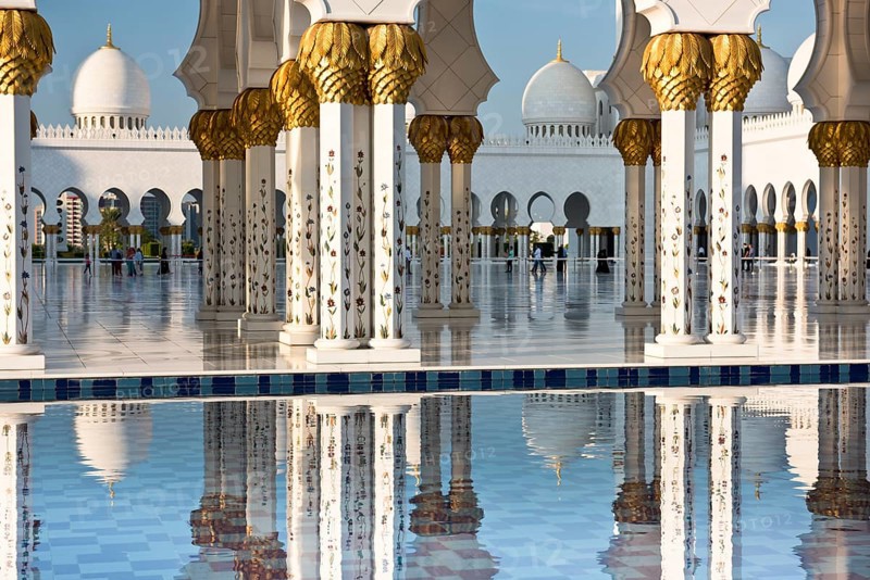 Beautiful gallery of famous Sheikh Zayed White Mosque in Abu Dhabi, UAE. Reflections
