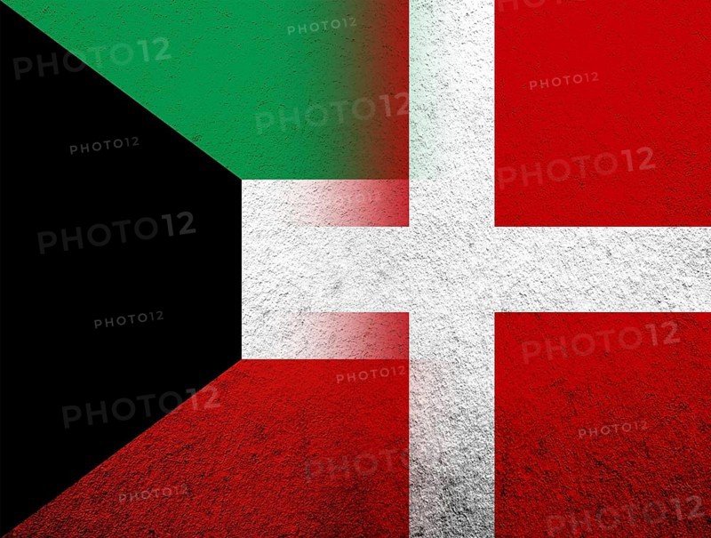 The Kingdom of Denmark National flag with The State of Kuwait National flag. Grunge Background