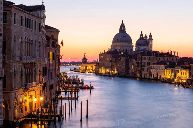 Morning atmosphere in front of sunrise, view of the Grand Canal from the Ponte dell' Accademia, Basilica Maria della Salute in the background, long exposure, Venice, Italy, Europe
