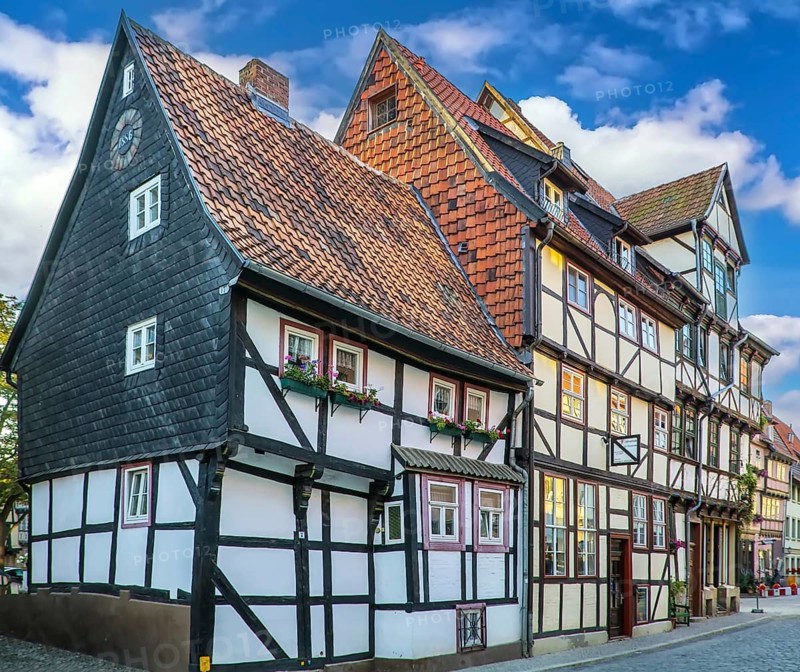 Street with half-timbered houses in Quedlinburg, Germany, Europe