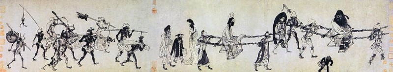 Zhong Kui (Wade-Giles: Chung Kwei, Japanese: Shoki) is a figure of Chinese mythology. Traditionally regarded as a vanquisher of ghosts and evil beings, and reputedly able to command 80, 000 demons, his image is often painted on household gates as a guardian spirit, as well as in places of business where high-value goods are involved.<br/><br/> Zhong Kui's popularity in folklore can be traced to the reign of Emperor Xuanzong of Tang (712 to 756). According to Song Dynasty sources, once the Emperor Xuanzong was gravely ill. He had a dream in which he saw two ghosts. The smaller of the ghosts stole a purse from imperial consort Yang Guifei and a flute belonging to the emperor. The bigger ghost, wearing the hat of an official, captured the smaller ghost, tore out his eye and ate it. The bigger ghost then introduced himself as Zhong Kui. He said that he had sworn to rid the empire of evil. When the emperor awoke, he had recovered from his illness. So he commissioned the court painter Wu Dao...