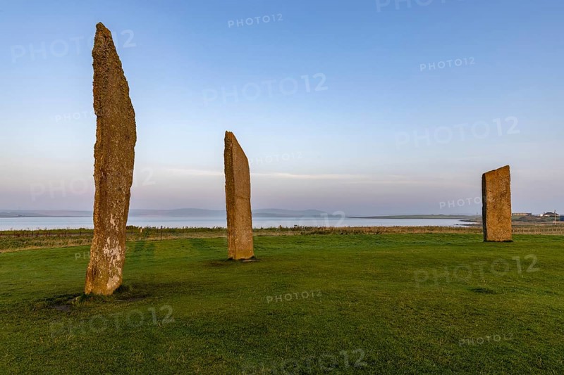 Stones of Stenness Circle and Henge at sunrise, stone circle and henge, Neolithic monument, UNESCO World Heritage Site, Mainland, Orkney Island, Scotland, Great Britain