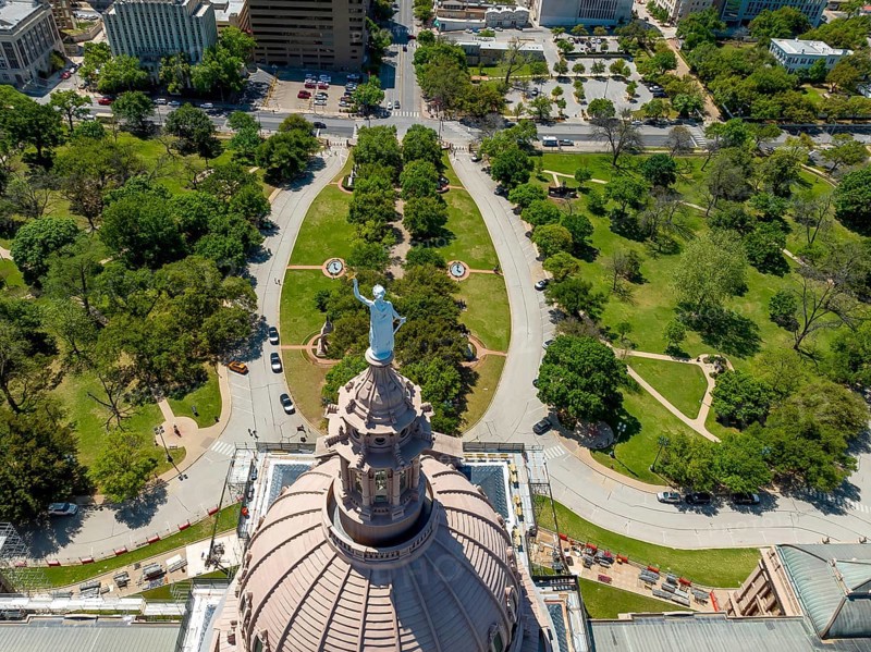 Aerial view of the Texas State Capitol Building In the city of Austin, Texas