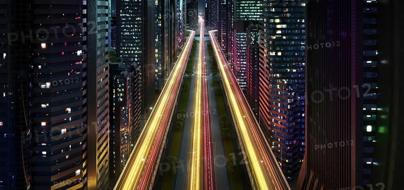Spectacular modern city at night with light trails. 3d rendering imaginary concept city