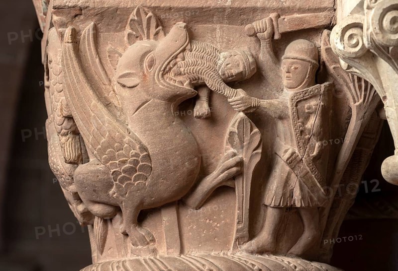Basel, Cathedral (Basel Minster), capital on the ambulatory, Knight Dietrich of Bern and Sintram fighting with wild animals