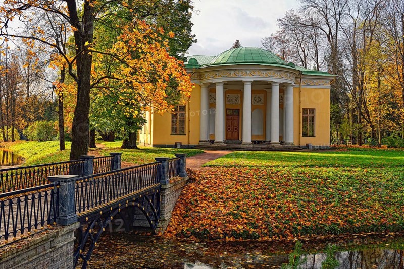 Autumn landscape in Catherine park, Pushkin, Russia. View to the Concert Hall pavilion