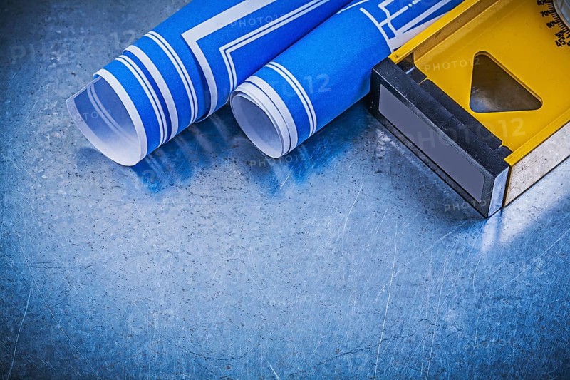 Set of blue blueprints construction level on metallic background