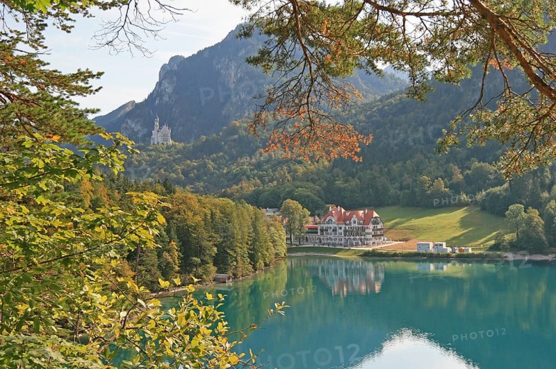 Alpsee, behind Neuschwanstein Castle, near Füssen, Ostallgäu, Swabia, Bavaria, Germany, Europe