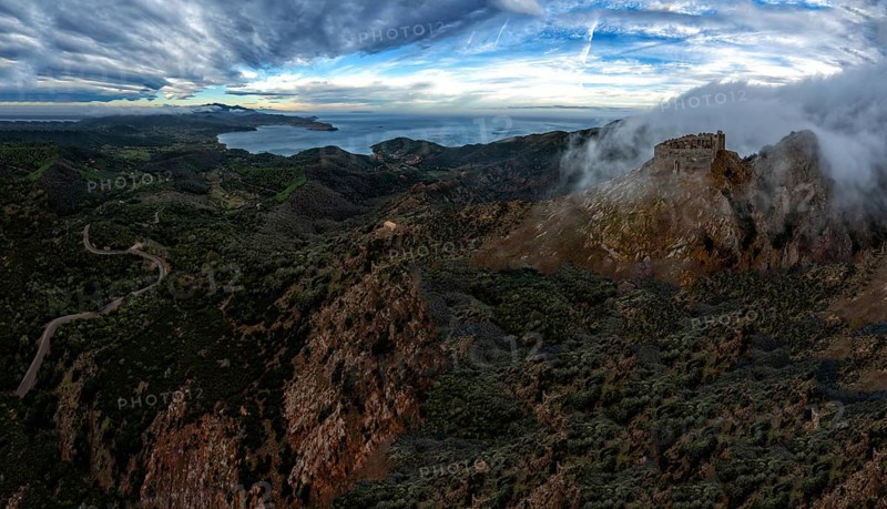 Aerial landscape view of the Castello del Volterraio and Portoferraio bay on Elba Island in Italy
