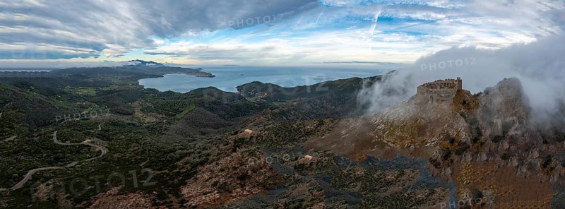 Aerial landscape view of the Castello del Volterraio and Portoferraio bay on Elba Island in Italy