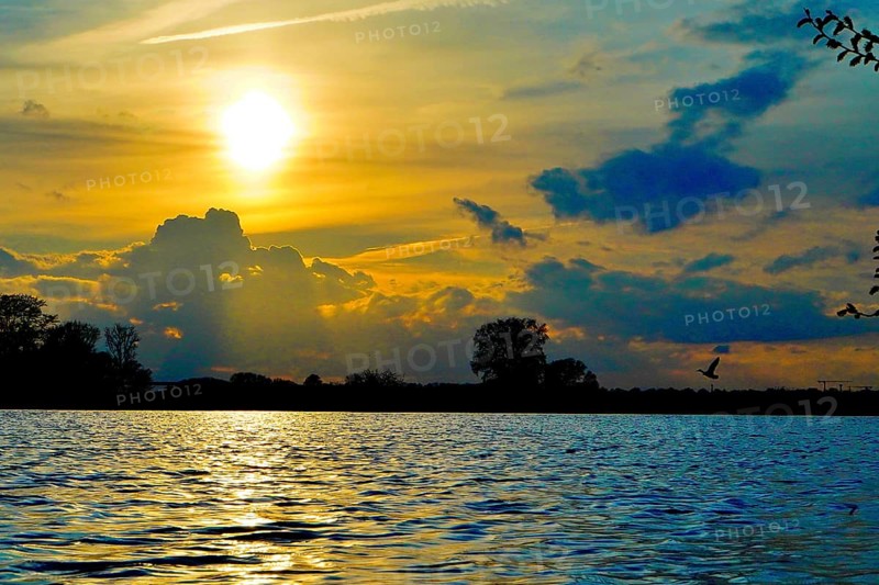 Golden sunrise over a body of water with dramatically illuminated clouds, Polder 27798 Hude-Germany