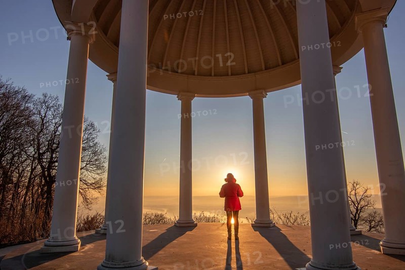 Beautiful temple in a landscape shot. Sunrise on a winter morning. Beautiful view along the Rhine at the Niederwaldtempel, Niederwalddenkmal, Hesse, Germany, Europe