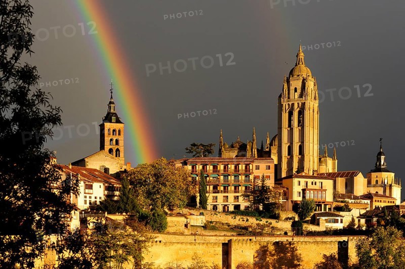 Rainbow between the church Iglesia de San Andres and the cathedral, historic city centre, UNESCO World Heritage Site, Segovia, Castilla-Leon, Castilla y Leon, Spain, Europe