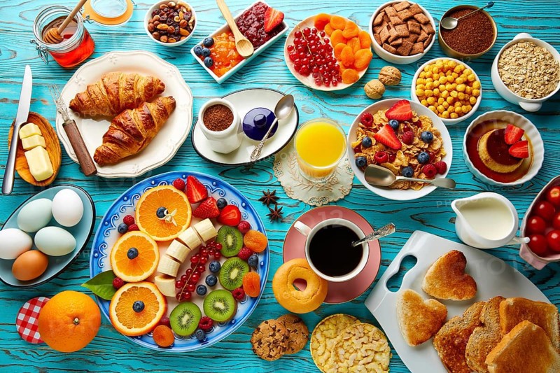 Breakfast buffet healthy continental coffee orange juice fruit salad croissant
