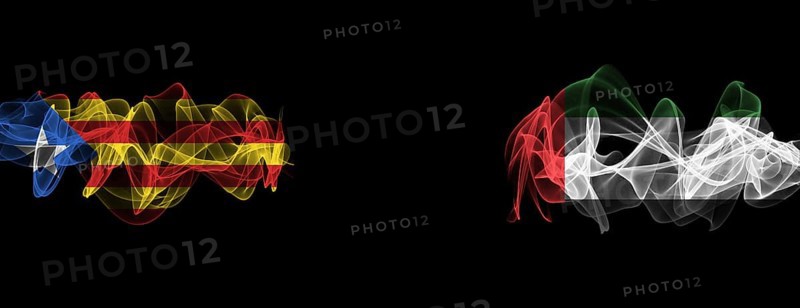 Flags of Catalonia and UAE on black background, Catalonia vs United Arab Emirates smoke flags