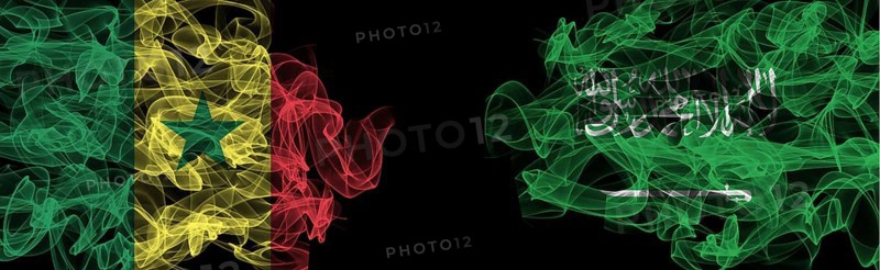 Flags of Senegal and Saudi Arabia on Black background, Senegal vs Saudi Arabia Smoke Flags
