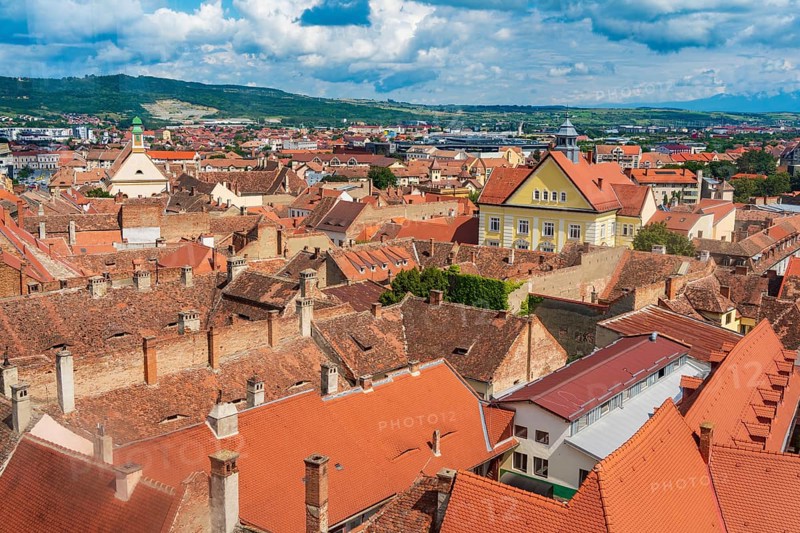 Aerial view of houses in Sibiu, Transylvania, Romania, Europe