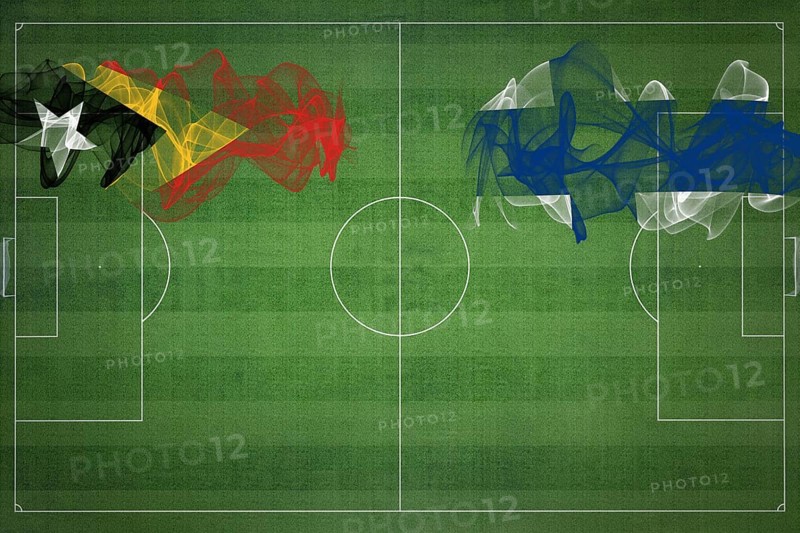 East Timor vs Finland Soccer Match, national colors, national flags, soccer field, football game, Competition concept, Copy space