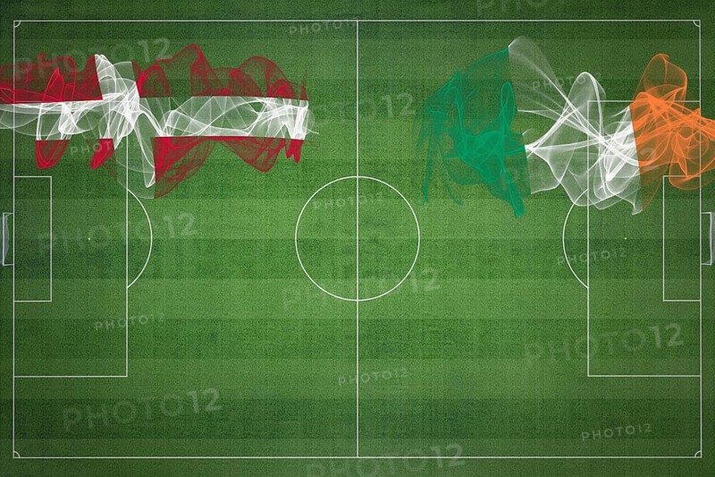 Denmark vs Ireland Soccer Match, national colors, national flags, soccer field, football game, Competition concept, Copy space