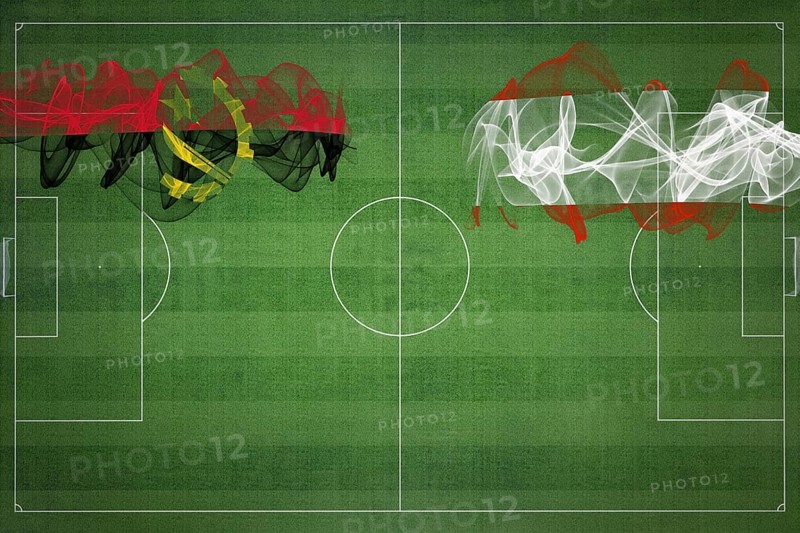 Angola vs Austria Soccer Match, national colors, national flags, soccer field, football game, Competition concept, Copy space