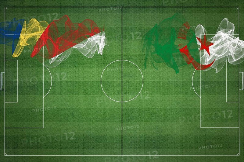 Seychelles vs Algeria Soccer Match, national colors, national flags, soccer field, football game, Competition concept, Copy space