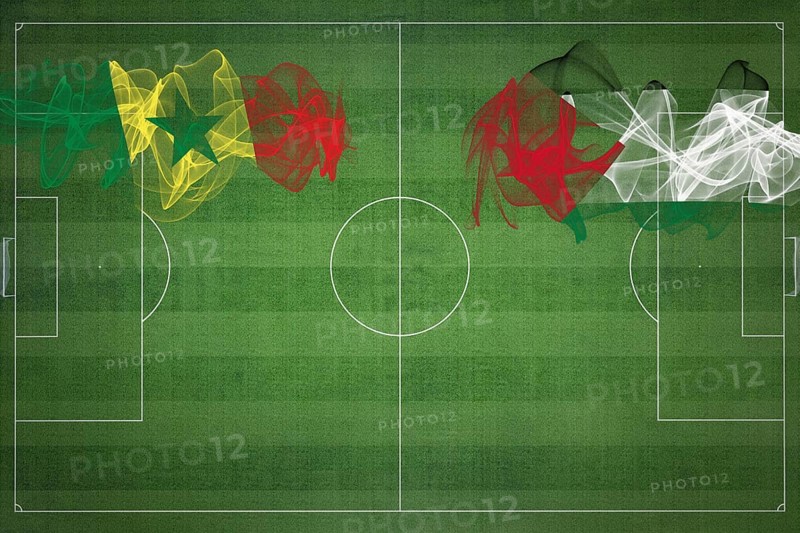 Senegal vs Palestine Soccer Match, national colors, national flags, soccer field, football game, Competition concept, Copy space